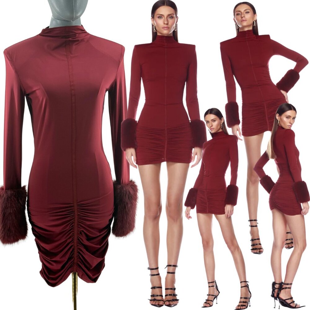 🆕 BRONX & BANCO 🧿 NWOT Eleanor Burgundy Fur Trimmed Mini Dress, Sz L US 8 - Picture 1 of 17